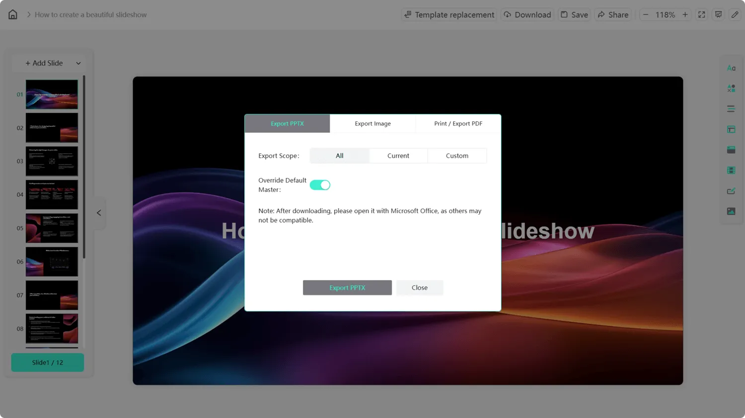 Export your presentation from Smallppt as a Microsoft PowerPoint file