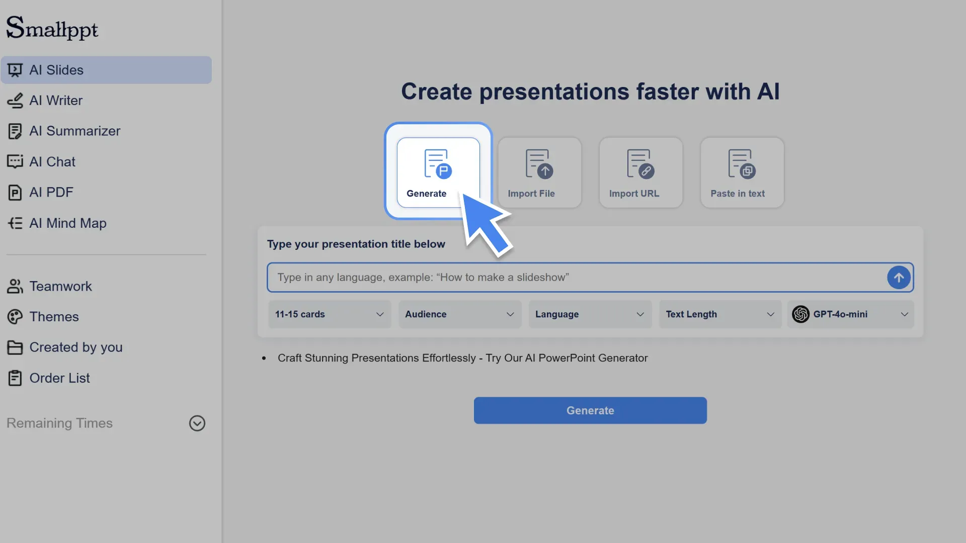 Convert text into a professional presentation using AI with Smallppt