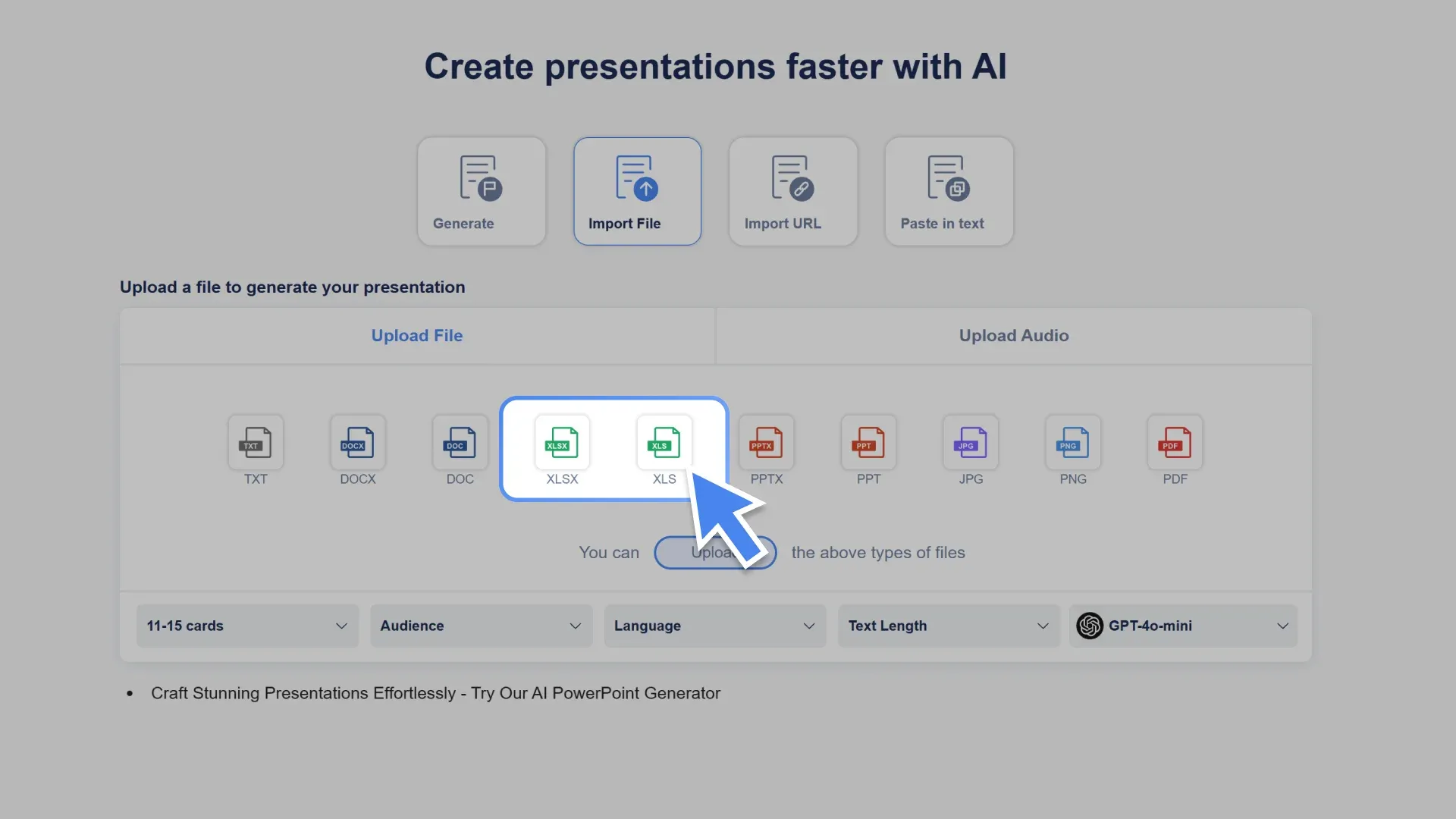 Upload your XLSX or XLS spreadsheet, and AI PowerPoint Generator will automatically read your data and prepare it into slides.
