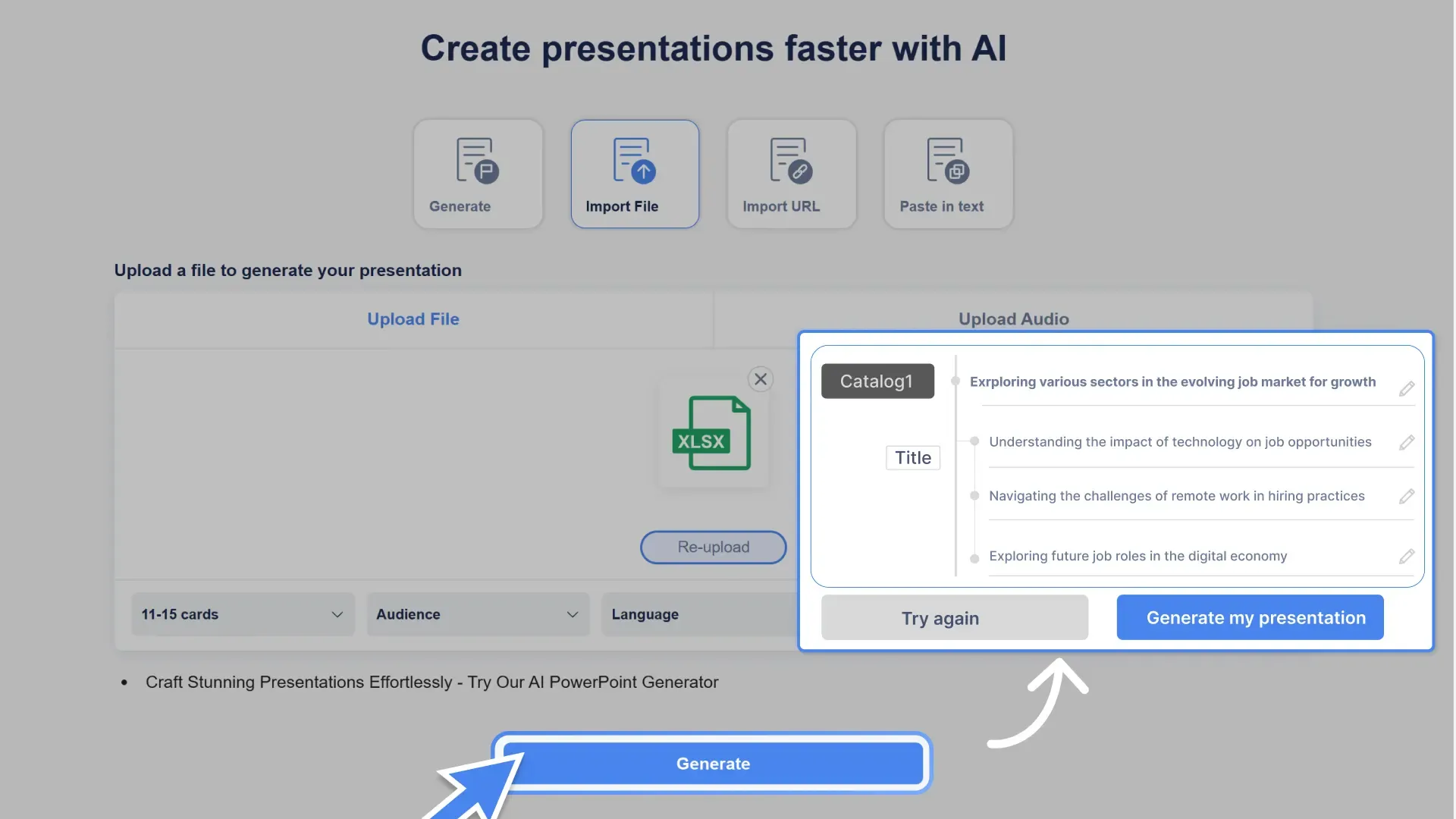 Click "Generate," and Smallppt's AI slides will create a concise and focused presentation structure for you.