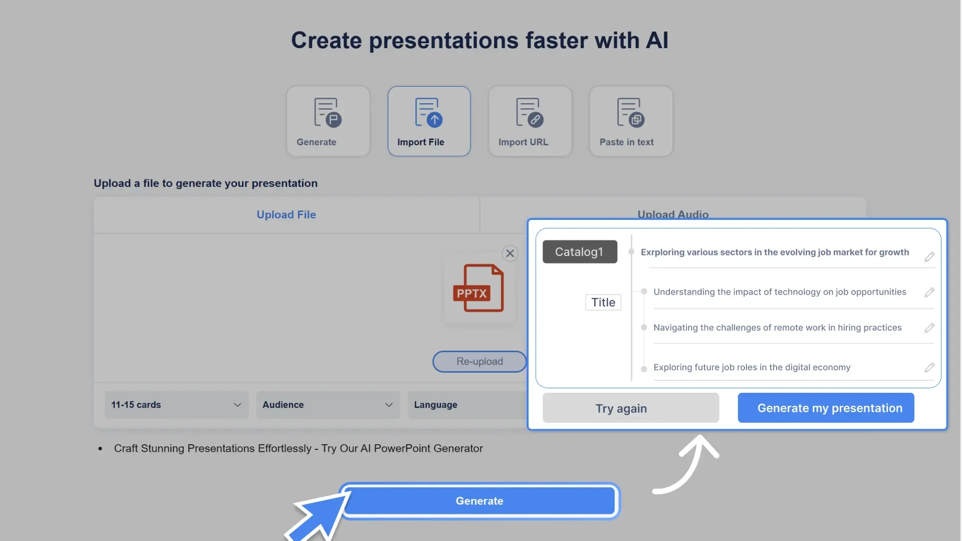 Click "Generate," and Smallppt's AI slides will create a concise and focused presentation structure for you.