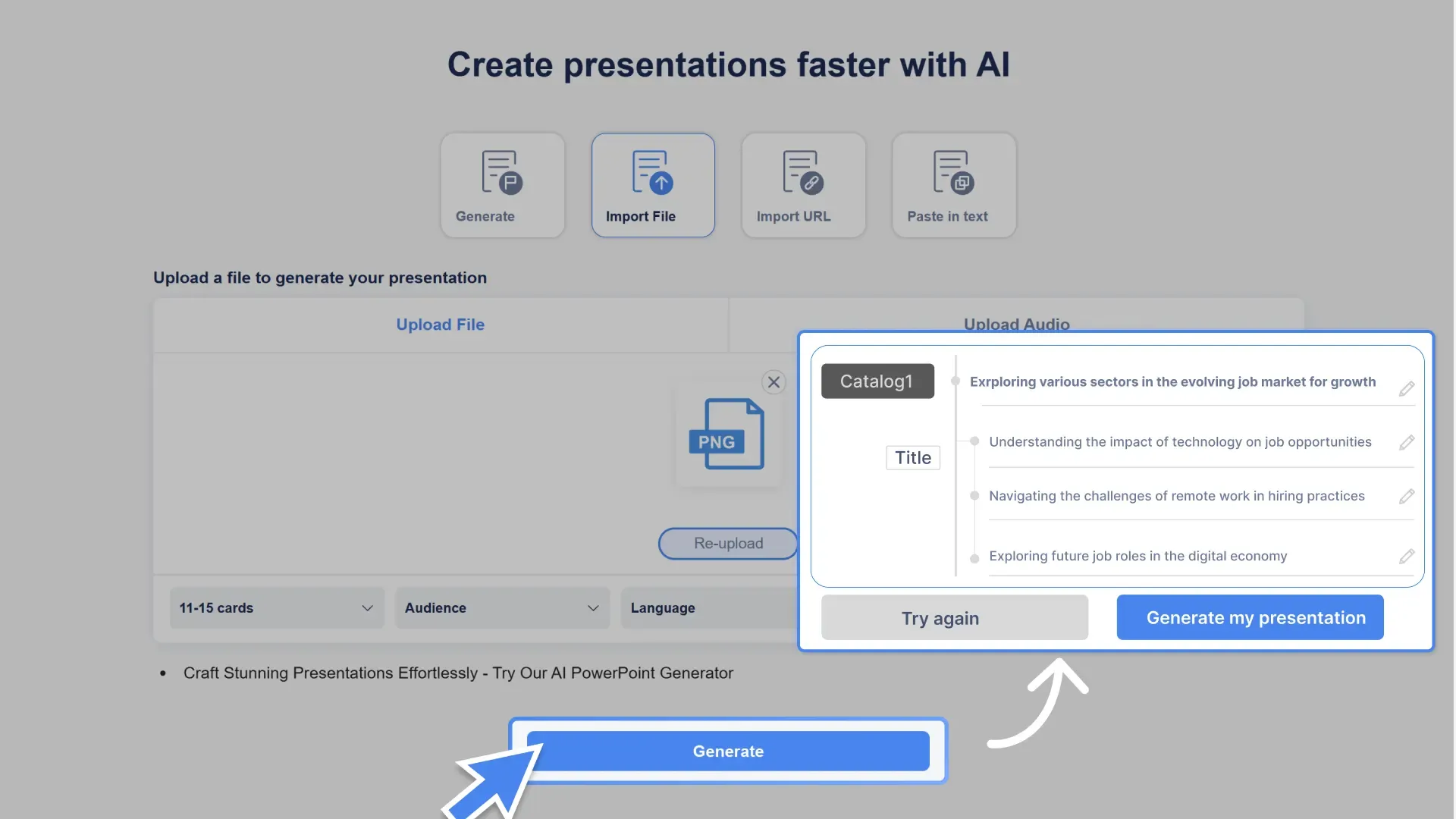 Click "Generate," and Smallppt's AI slides will create a concise and focused presentation structure for you.