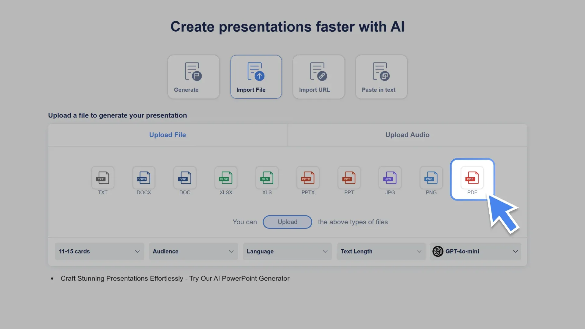 Upload your PDF file, and the AI PowerPoint generator will read the document, extract the key points, and prepare to create your slides.