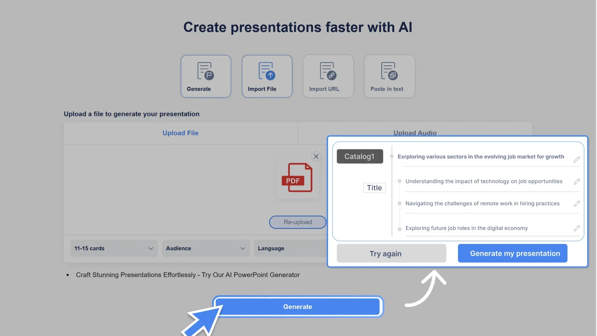 Click "Generate," and Smallppt's AI slides will create a concise and focused presentation structure for you.