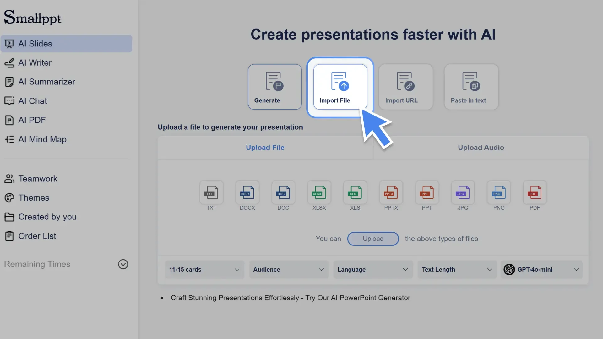 Click "Upload File" and select the file you want to convert into a slideshow. Our AI PowerPoint generator supports multiple formats including TXT, DOCX, and PDF.
