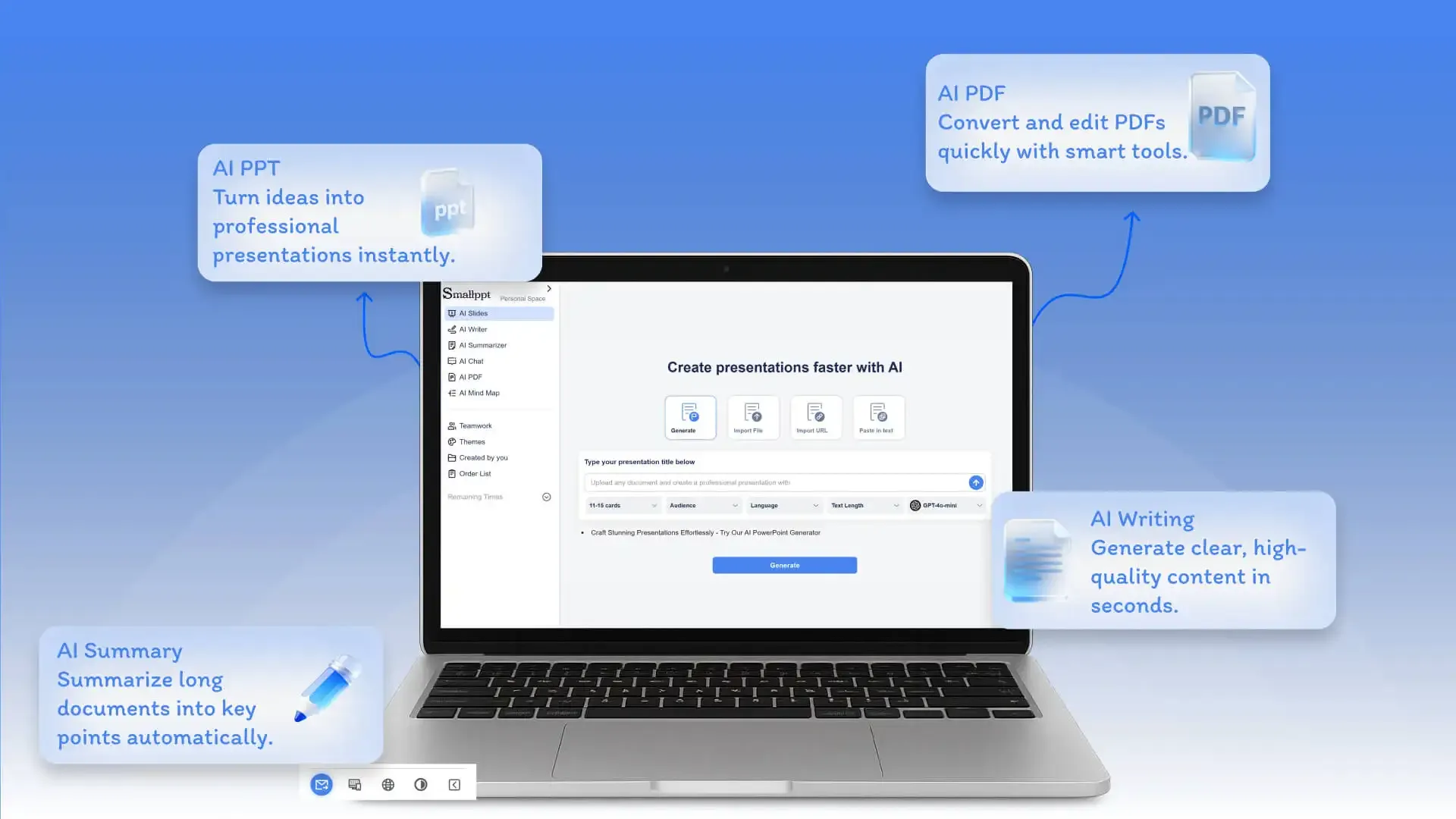 Boost creativity with Smallppt AI tools for writing, summarizing, chatting, and organizing content efficiently