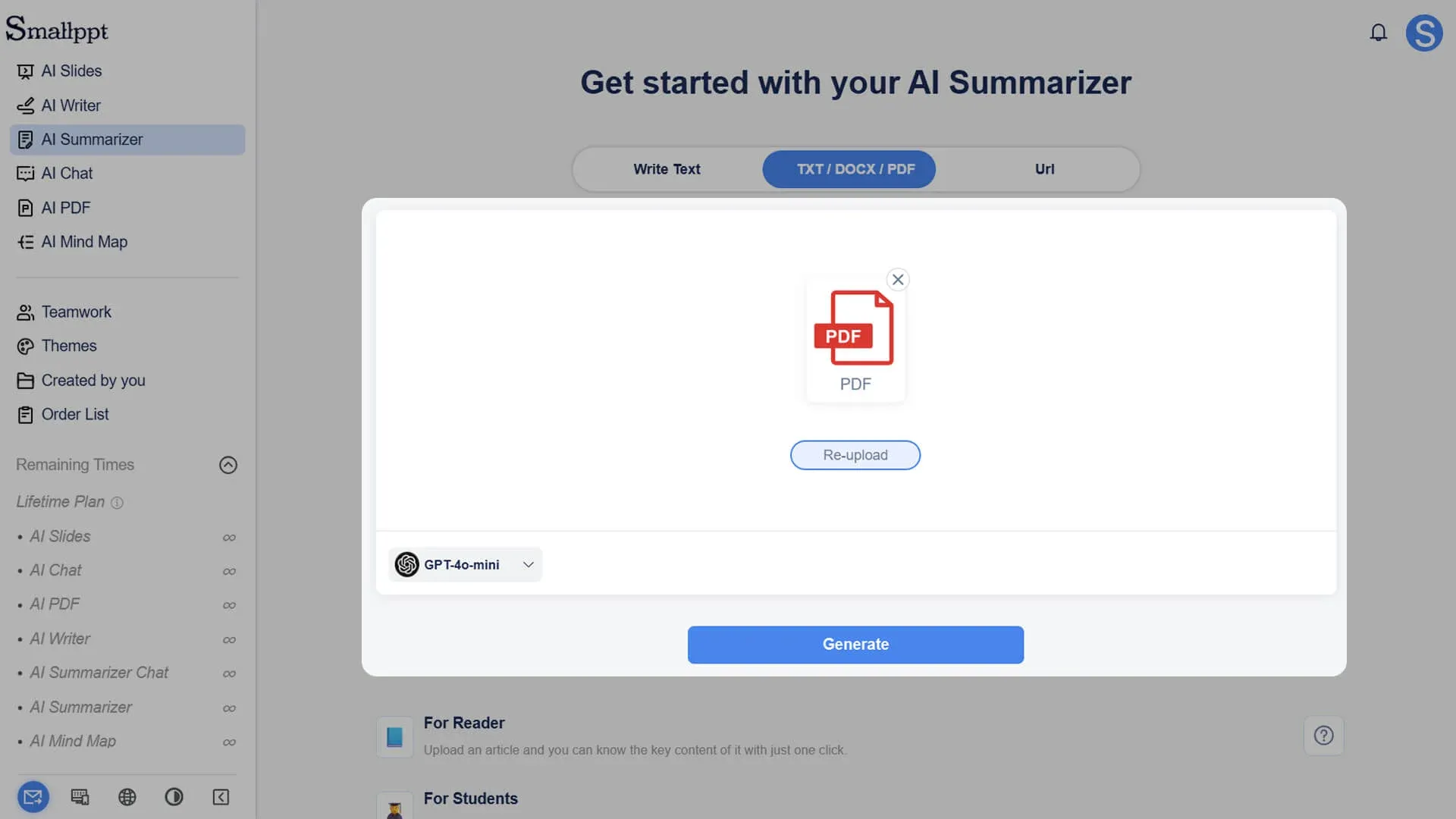 Smallppt generates a summary with one click
